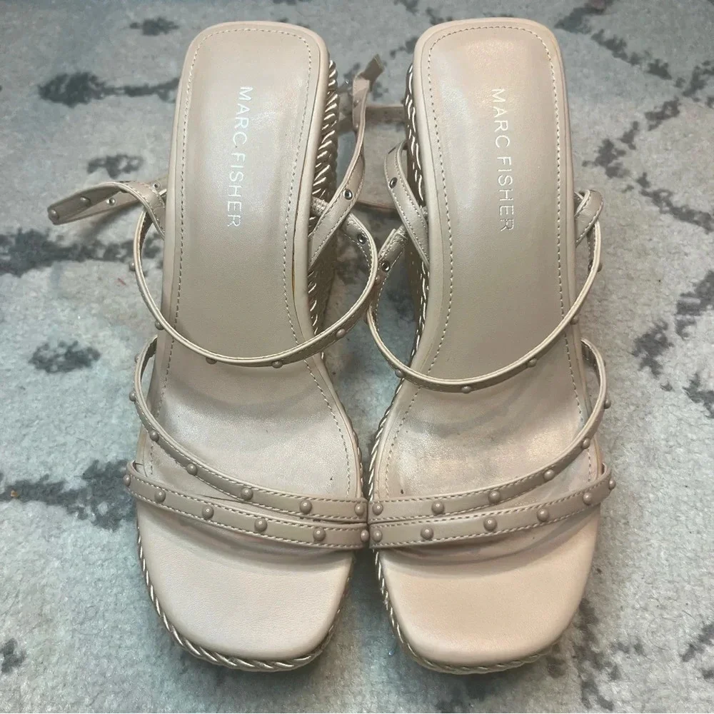 MARC FISHER Zig Studded Square Toe Beige Beachy Espadrille Wedge Heels